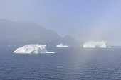 Navigation dans le brouillard entre les icebergs - Baie de Disko - Groenland