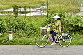 Cycliste avec le chapeau traditionnel conique "Non La" sur la route vers Can Tho - Viêtnam